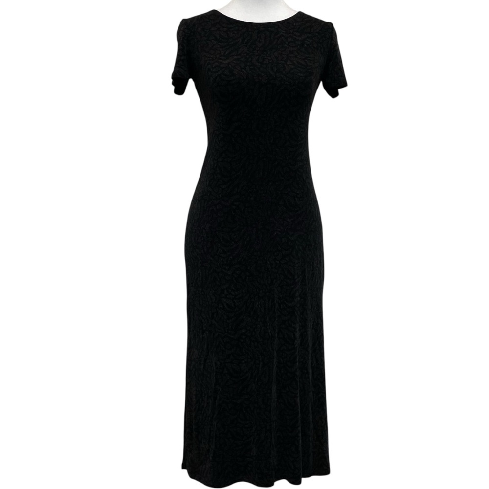 Carol Little Petite Dresses Vintage Black & Gold Printed Short Sleeve Midi Dress